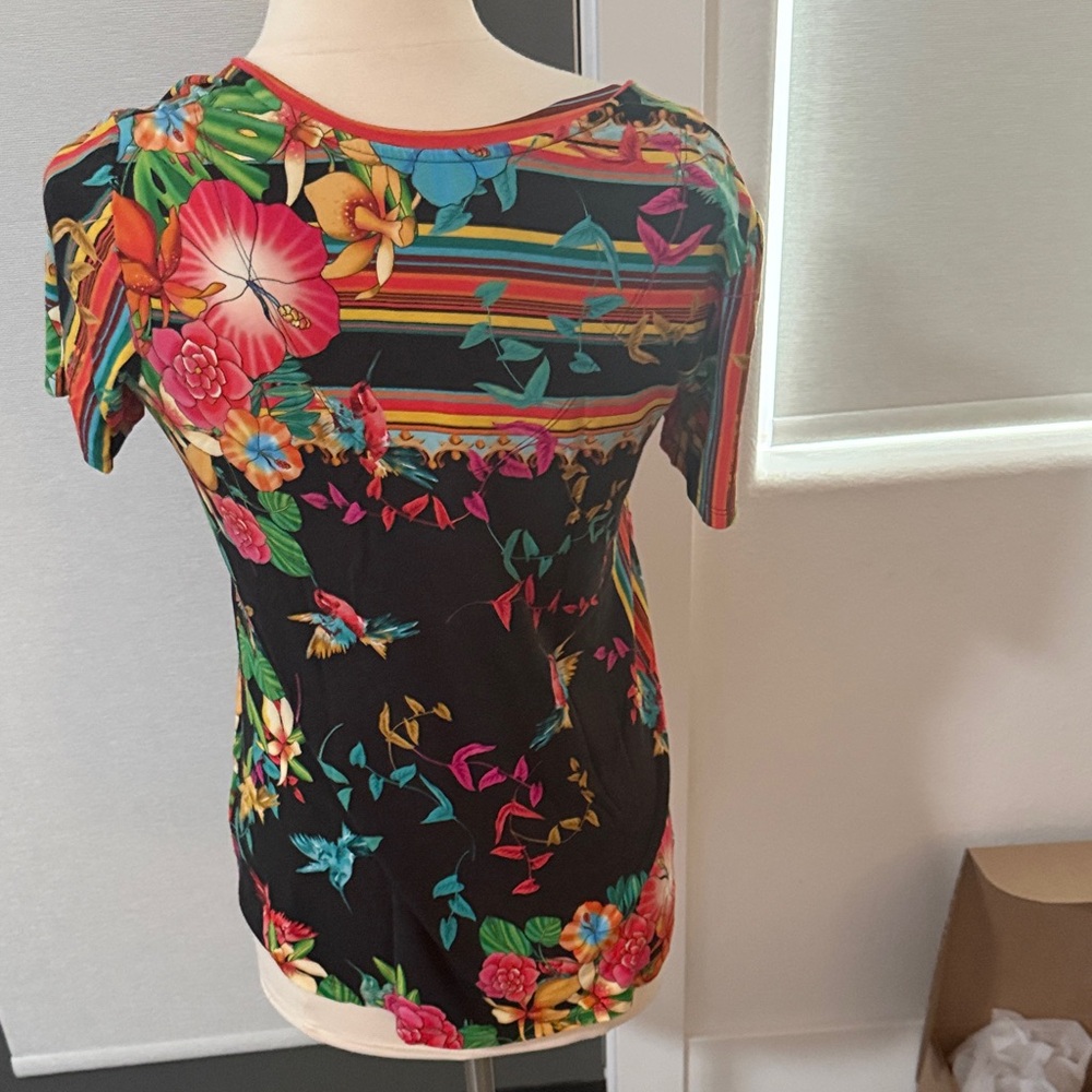 Johnny Was Black Floral Stripe V-Neck Short Sleeve Top - Picture 2 of 3